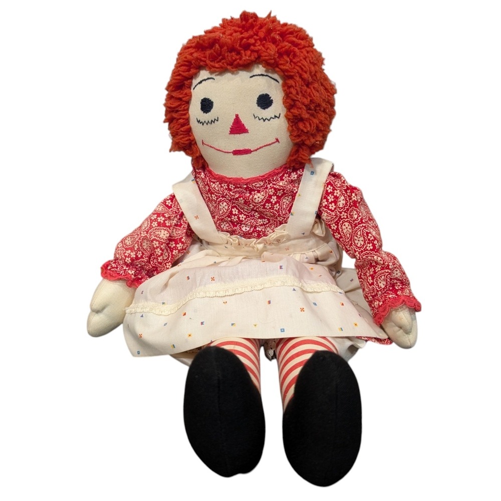 Vintage Raggedy Ann Plush Doll 18 Inch Red Yarn Hair Paisley Dress White Apron